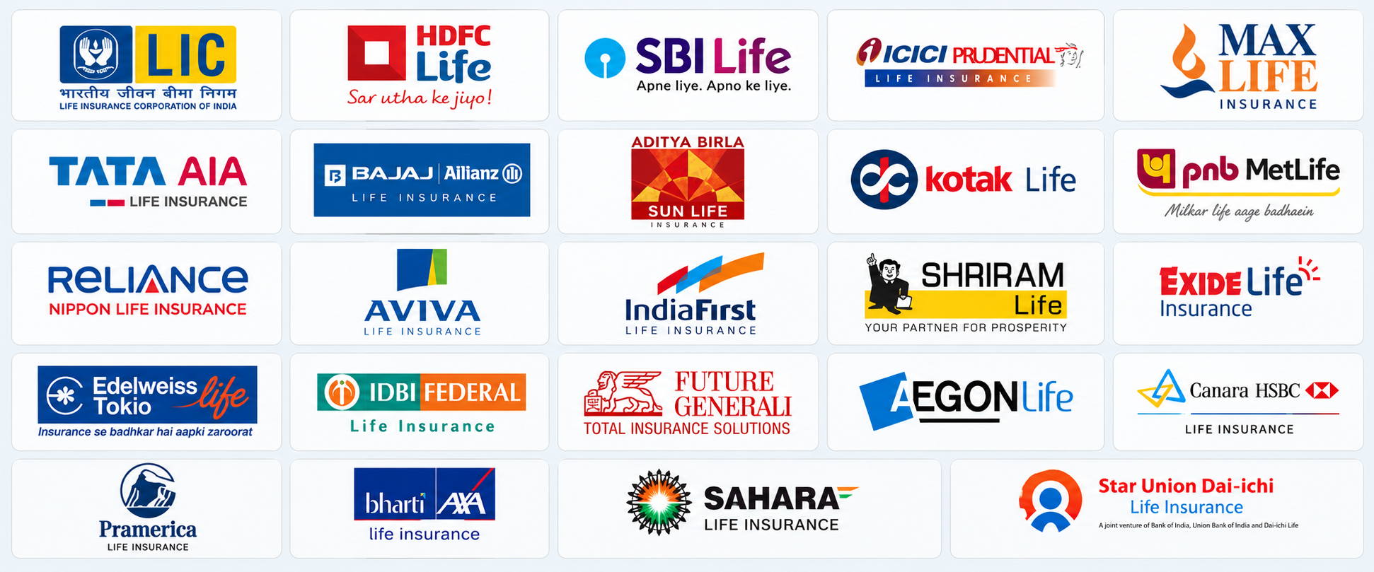 Logo grid of life insurance companies including LIC, HDFC Life, SBI Life, ICICI Prudential Life, Max Life and Tata AIA